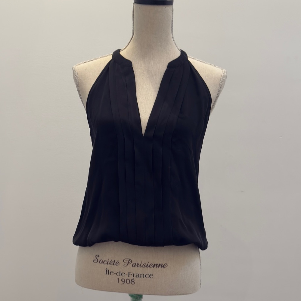 Joie Black Sleeveless Deep V Blouse with pleats.